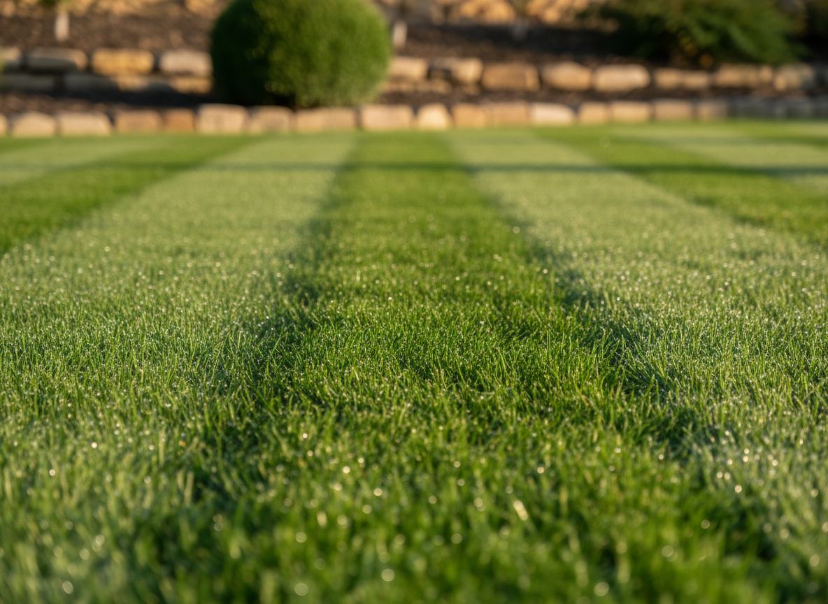 A close-up, photographic realism shot of a freshly cut lawn showcasing the alternating light and dark green stripes created by precise mowing patterns. The grass blades appear dense, healthy, and uniformly trimmed, with crisp tire lines subtly visible between the stripes. In the background, softly blurred, a stone garden border and a small, neatly pruned shrub hint at a well-tended property. Shot at eye level with the grass, using shallow depth of field and warm, diffused morning sunlight that glistens on tiny dew drops, the image emphasizes detail, craftsmanship, and the professional quality of the lawn care service in a clean, modern style.
