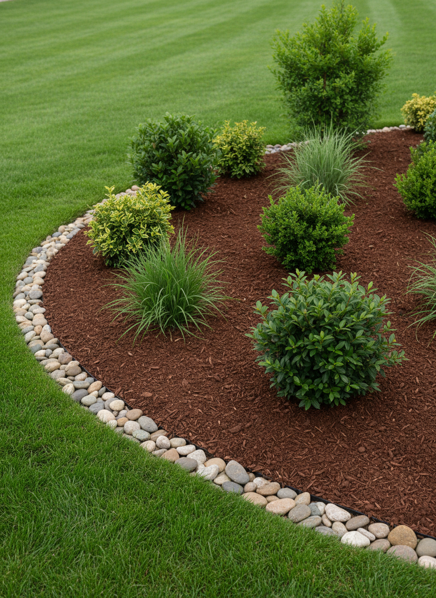 A meticulously edged garden bed separating a vibrant green lawn from rich, dark-brown, freshly turned mulch. The edge is a perfectly smooth, slightly curved line, showing the precision of professional trimming work. Inside the bed, a variety of healthy shrubs and ornamental grasses stand neatly spaced, with no weeds or stray grass encroaching. Small river stones line the inner border as a decorative accent. The scene is captured under soft, diffused overcast light that accentuates textures without harsh shadows. Photographic realism from a slightly elevated, side angle with sharp focus creates a clean, organized, and detail-oriented impression, ideal for showcasing edging and bed maintenance services.