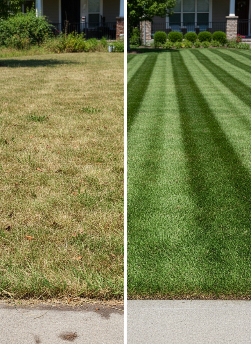 An ultra-clean side-by-side comparison view of the same lawn, with one half overgrown and uneven and the other half freshly mowed, edged, and perfectly manicured. The left side shows long, patchy grass with scattered leaves, while the right side displays uniform, rich green turf with sharp, defined borders along a concrete path. A clear vertical divide emphasizes the transformation. Captured at eye level with even midday light and subtle contrast, the photographic realism composition keeps the entire frame in sharp focus. The mood is professional and results-focused, ideal for highlighting the before-and-after impact of reliable, precise lawn care services.