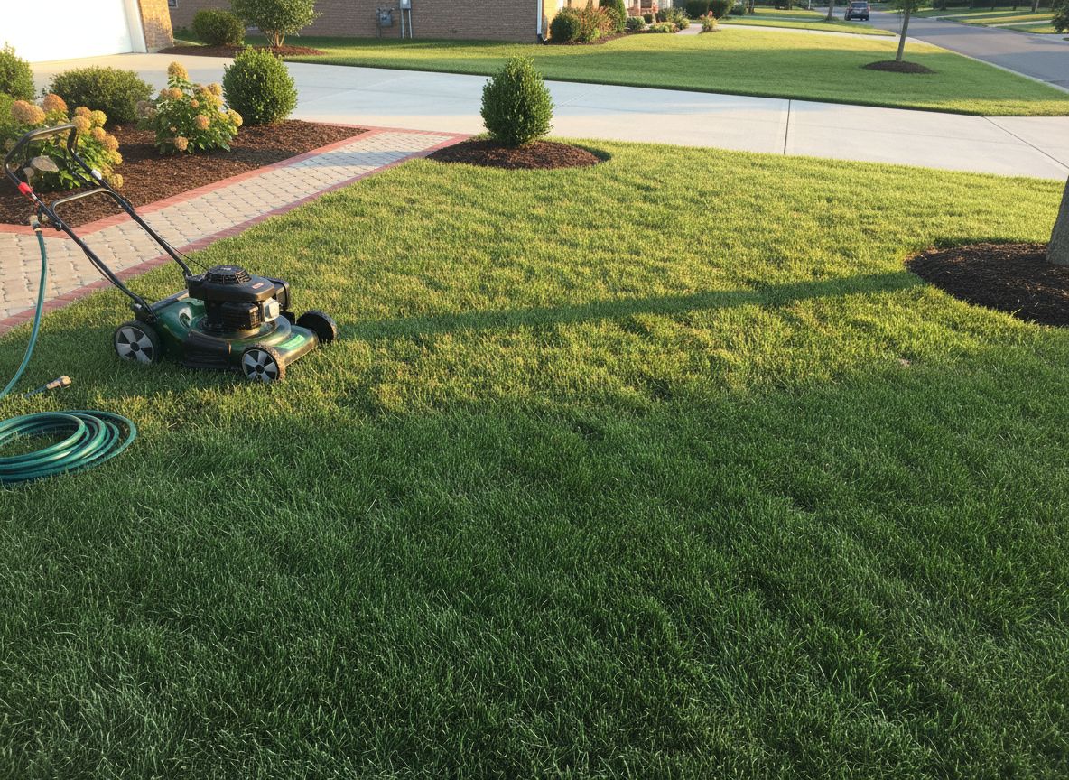 A meticulously manicured suburban front lawn with lush, uniformly cut emerald-green grass, every blade appearing evenly trimmed to a precise height. Cleanly edged borders run in a sharp line along a smooth concrete driveway and a brick walkway, with crisp corners around mulched flower beds. A modern push mower and a neatly coiled garden hose rest off to the side, suggesting recent professional care. Captured in soft late-afternoon natural light that casts gentle, elongated shadows and a warm glow across the scene. Photographic realism from a slightly elevated, wide-angle perspective, with sharp focus throughout, conveys a professional, reliable landscaping service and a calm, well-maintained neighborhood atmosphere.